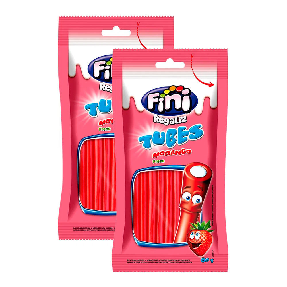Kit 2 Balas Fini Tubinho de Morango Doce 80g
