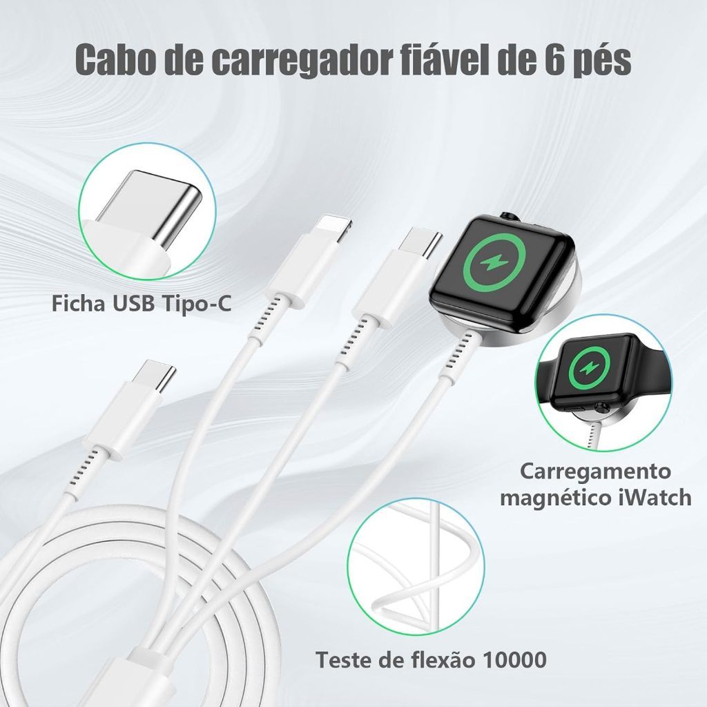 Carregador Relógio 3 em 1 Magnético - Lightning, Tipo-C e Indução USB com Cabo de 1.2 Metros