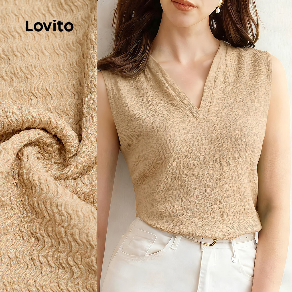Lovito Top Casual de Boa Textura para Mulheres Primavera/verão cáqui L164LD167