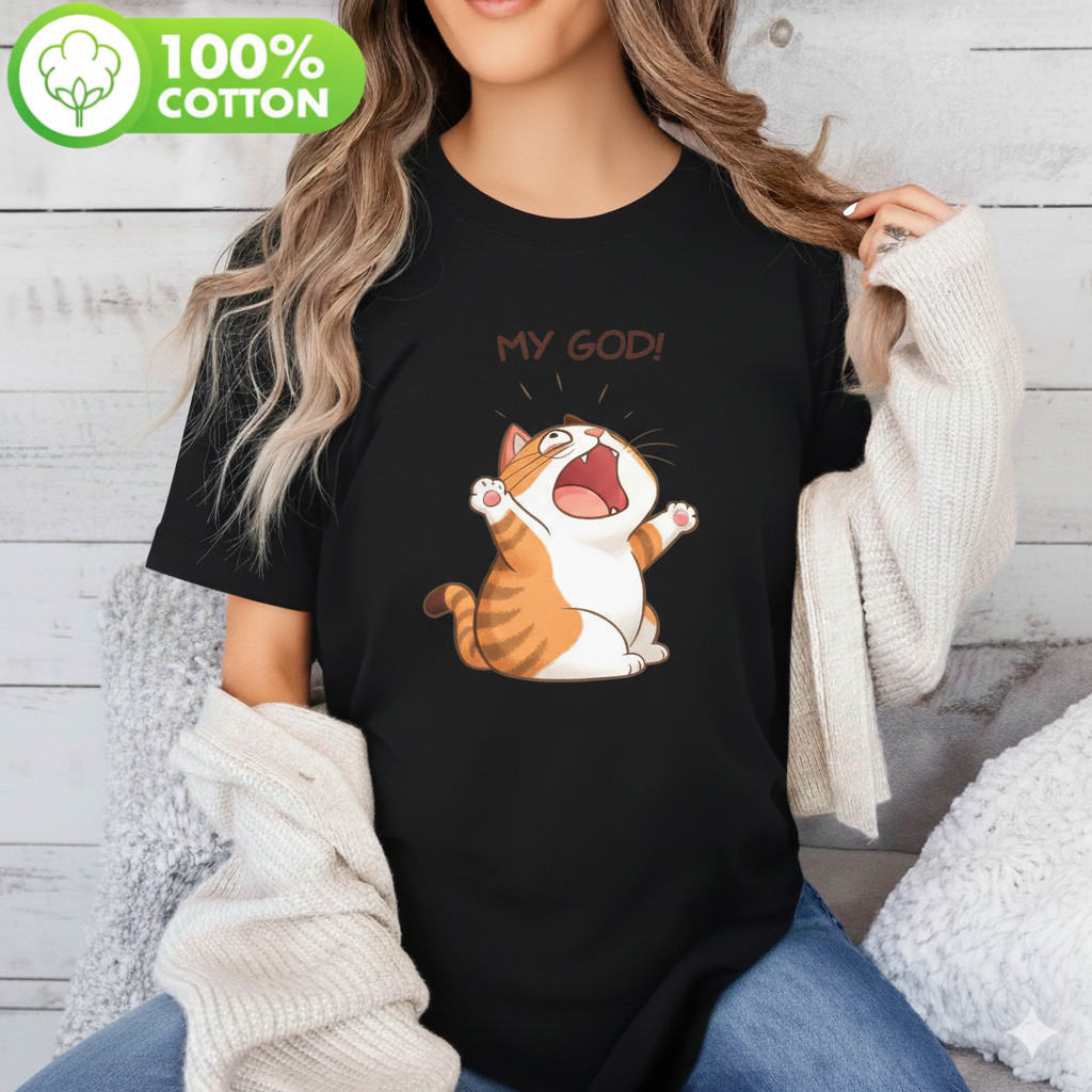 Camiseta Unissex Gato My God Expressão Engraçada Reação Fofa Estampada Confortavel Divertida Fofa Casual