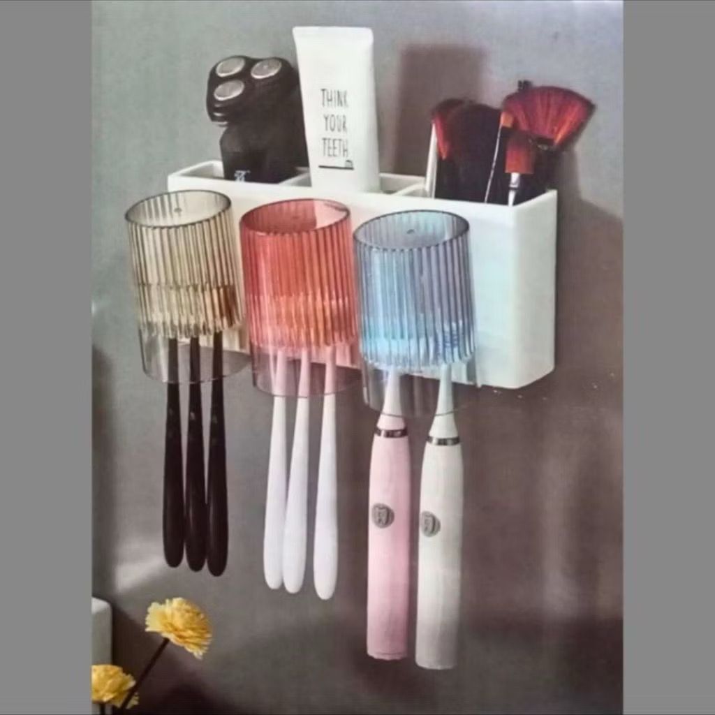 Porta Escovas de Dentes com 3 Copos e Prateleira Multifuncional De Banheiro com Suporte Adesivo 25X12X10CM - 8737