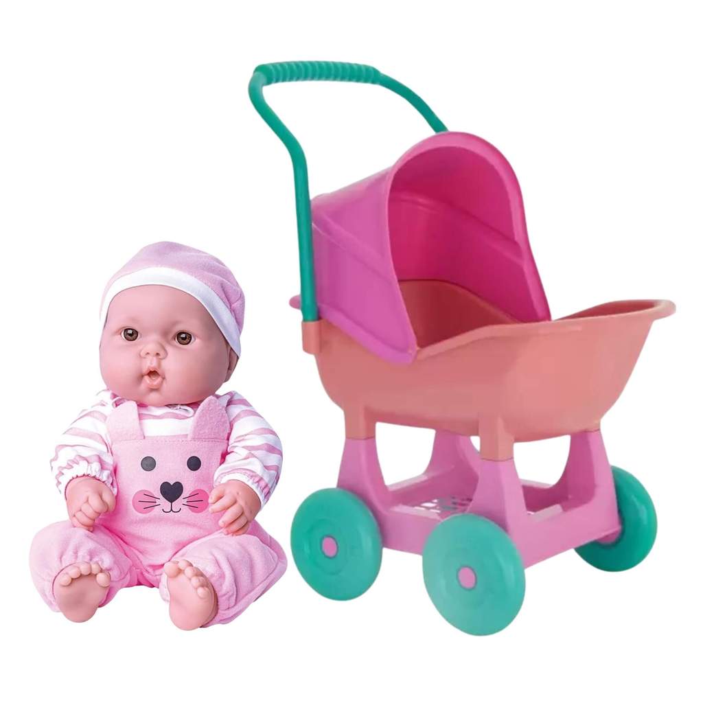 Kit Brinquedos Infantis: Boneca Love + Carrinho Ninos Rosa Plástico com Capota Regulável