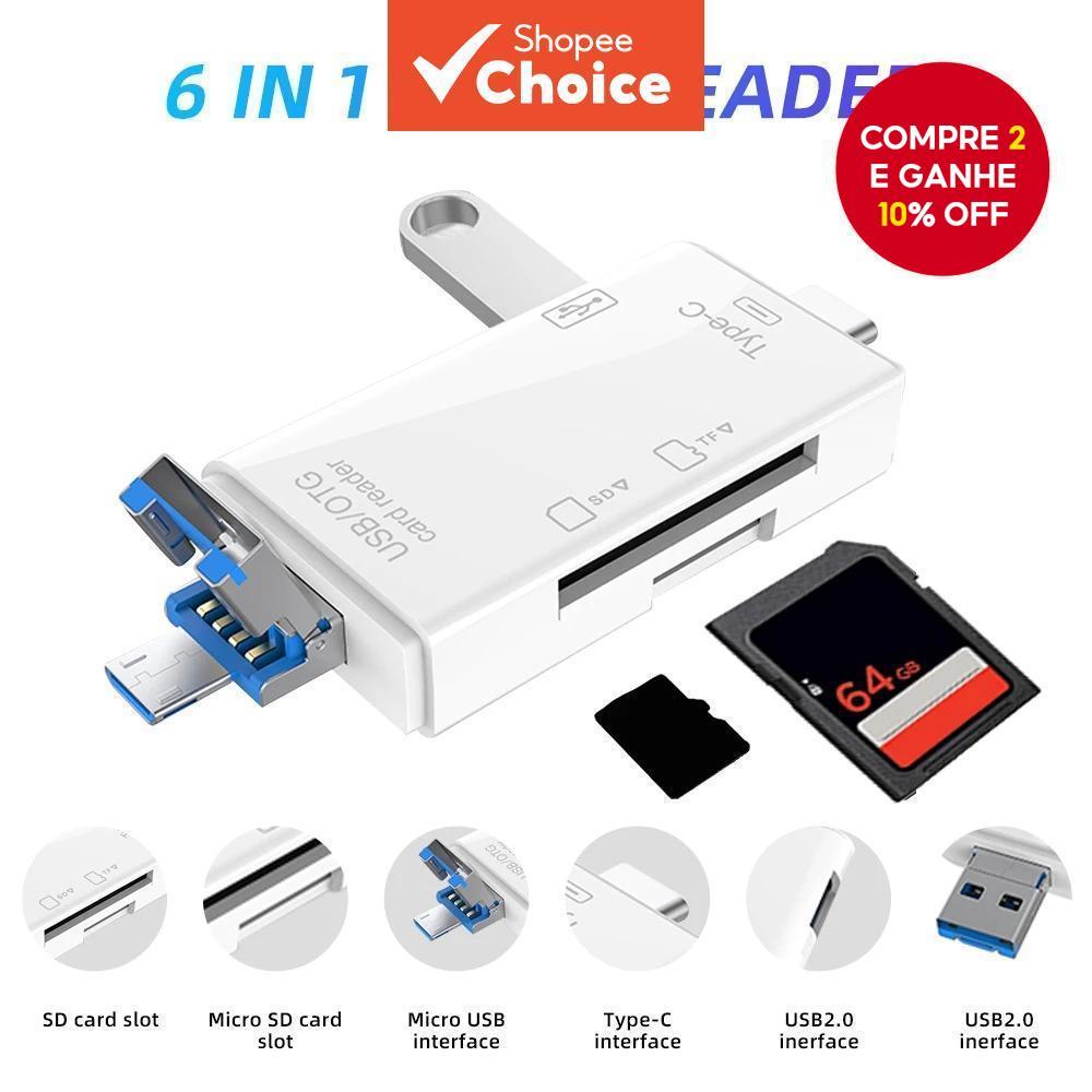 Novo Leitor de Cartão OTG 6 em 1 Adaptador USB Tipo C Micro para USB 3.0 TF SD Pen Drive Mini para Câmera e Telefone