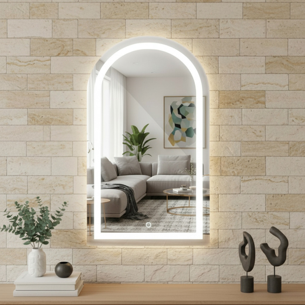 Espelho Arco 80x50 Lapide Jateado Base Reto C/ Led 3 Cores E Touch Camarim Banheiro Lavabo