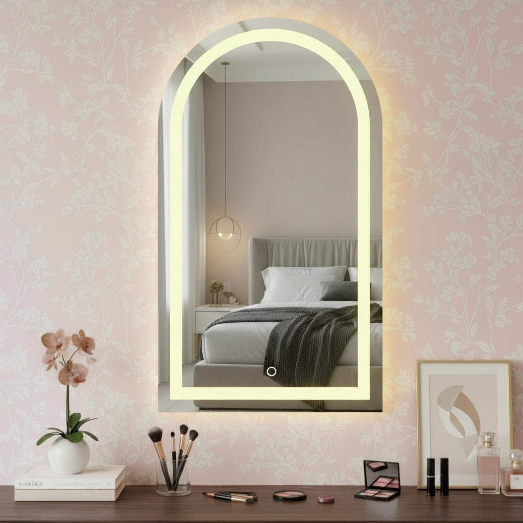 Espelho Arco 100x50 Lapide Jateado Base Reto C/ Led 3 Cores E Touch Closet Penteadeira
