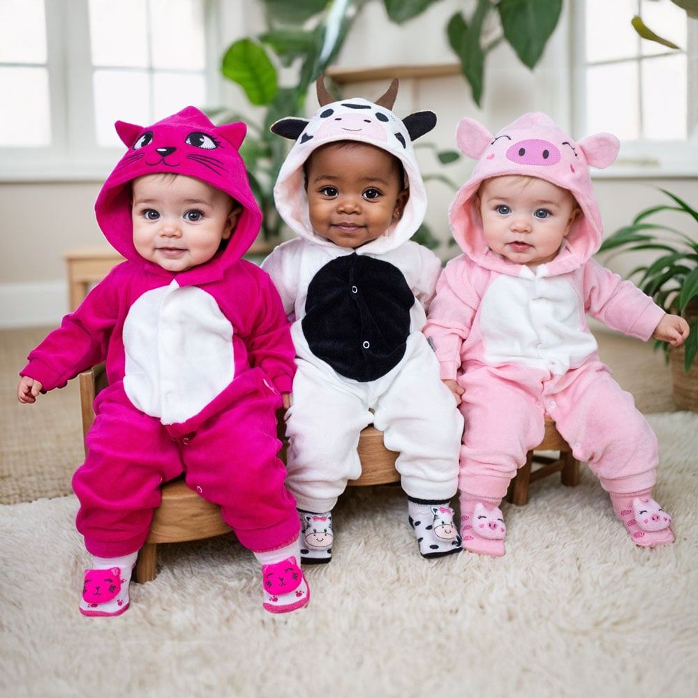 Conjunto Macacão Plush 3D Pantufa Lúdica Bebê Menina 0 a 12m