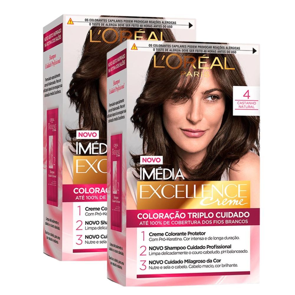 Kit 2 Tintura Creme Imédia Excellence L'oréal Castanho Natural 4 em Oferta na Shopee