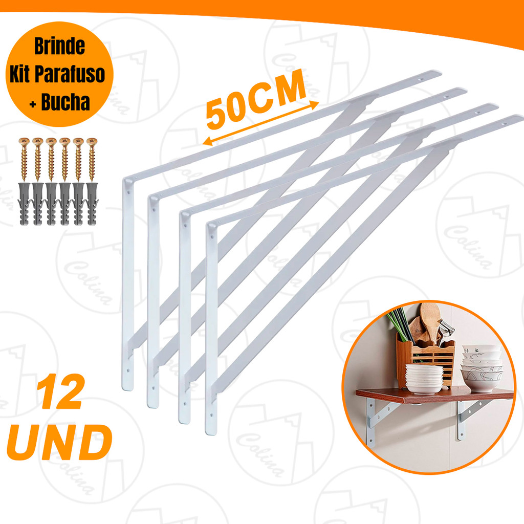 Kit 2 a 12 Unidades Mão Francesa 50x26CM Cantoneira Metal Para Prateleiras Fertak Nano Shop