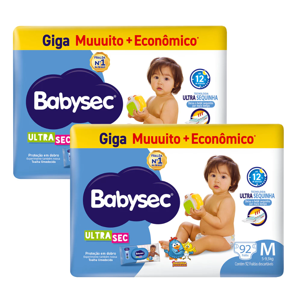 2 Pacotes de Fralda BabySec Ultrasec Galinha Pintadinha Giga M c/92un- Bebê sequinho por mais tempo
