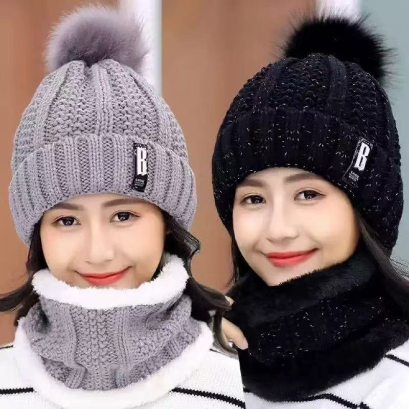Babador + Chapéu De Inverno Feminino Tricotado Engrossado/Gorro/Cachecol/Touca Quente em Oferta na Shopee