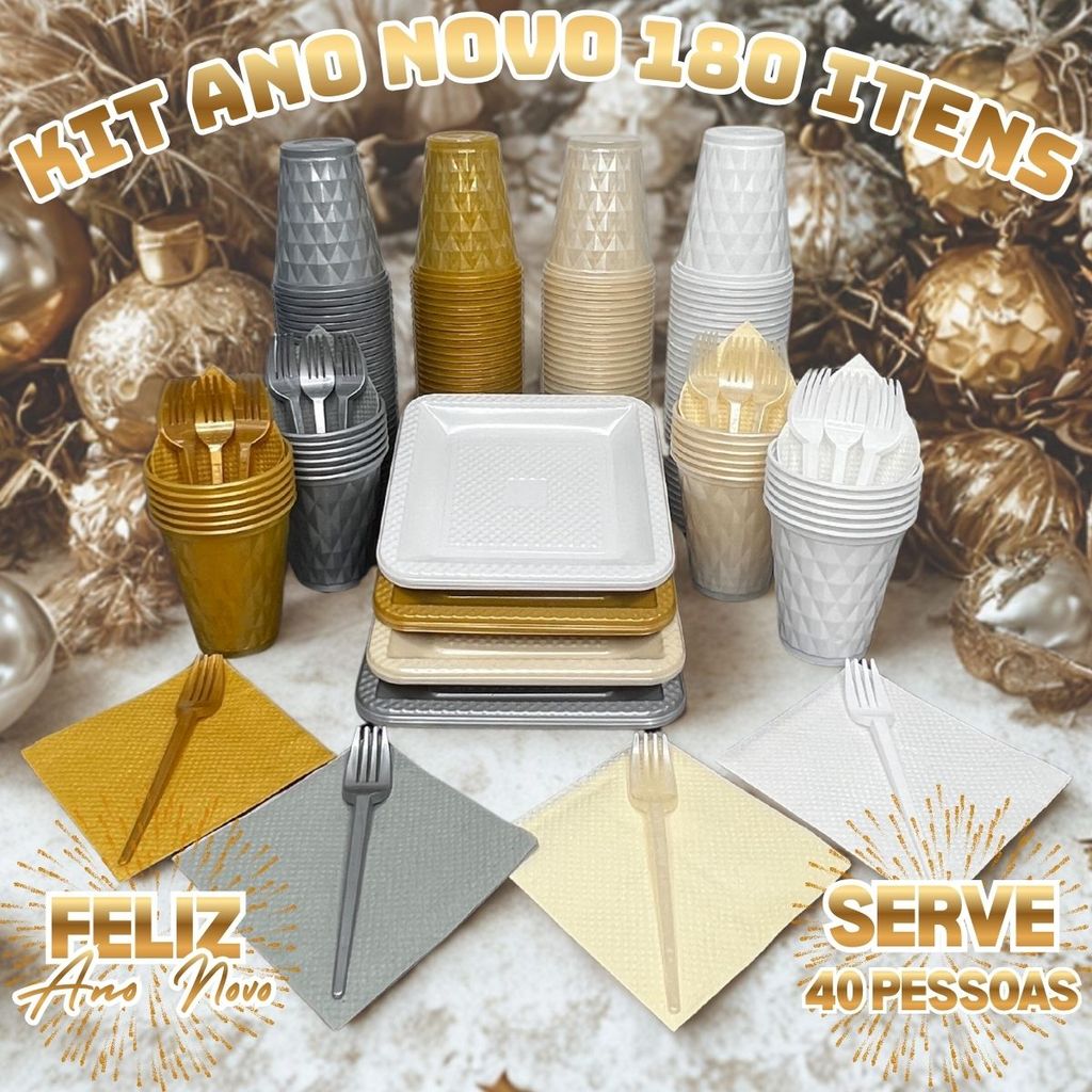 Kit 180 Itens P/ 40 Pessoas Festa Aniversário Completo Cor Ano Novo Descartável Luxo Pratinho Copo Garfo Guardanapo em Oferta na Shopee