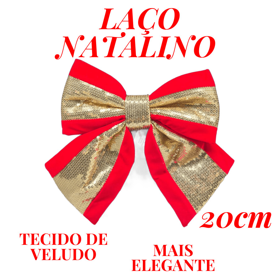 Laço Natalino 20cm Vermelho Com Dourado Enfeite Elegante De Luxo Para Árvore De Natal
