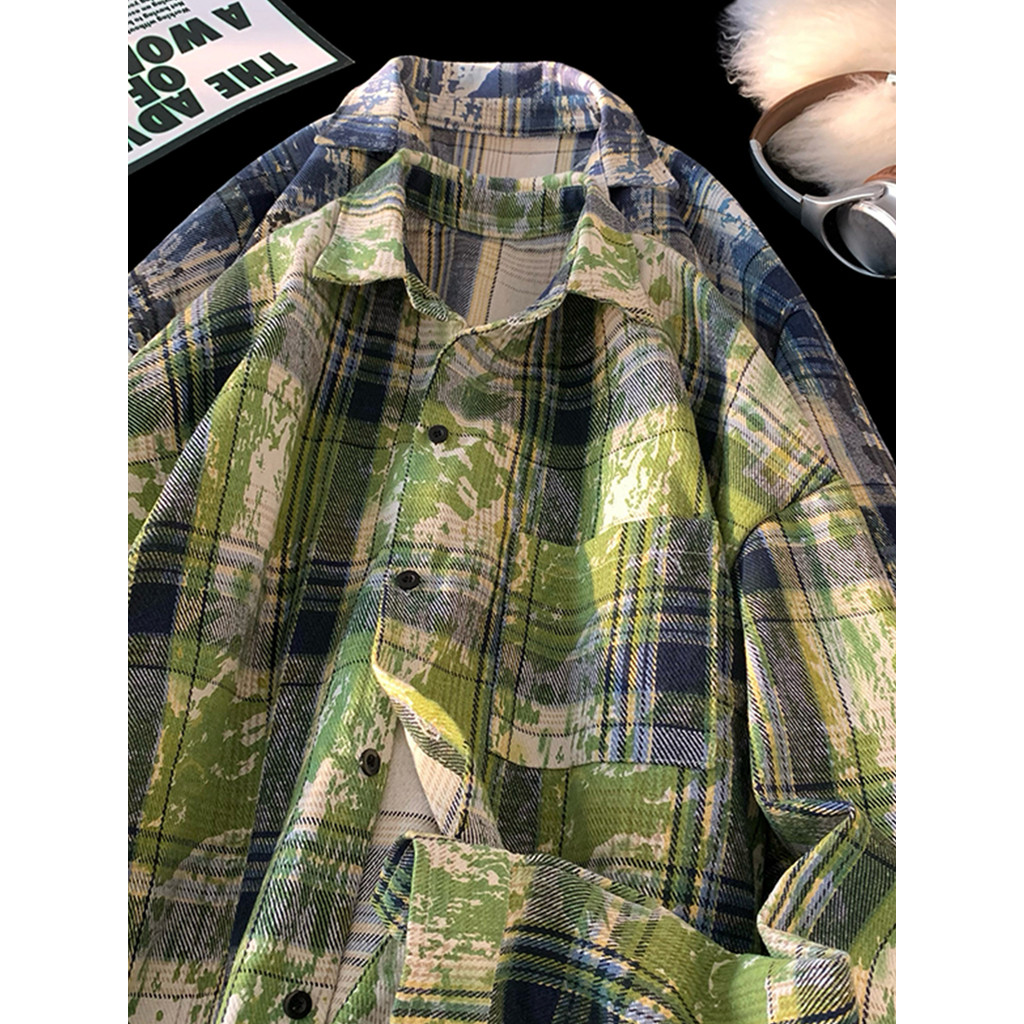 Tie-Dye camisa de manga comprida masculina outono pesado Drape xadrez camisa solta americana na moda High Street casal j