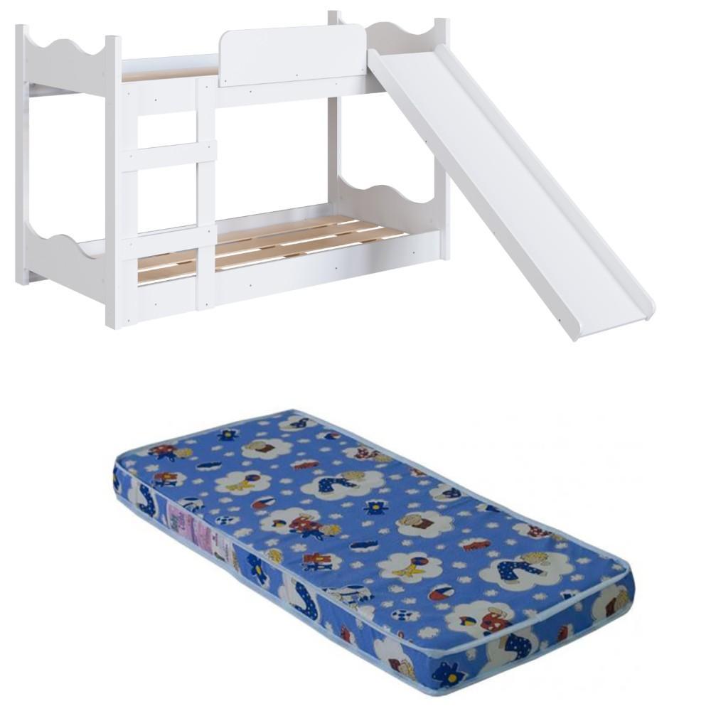 Beliche Infantil com 1 Colchão, Escorregador, Grades Laterais e Escada Cor Branco - Completa Móveis