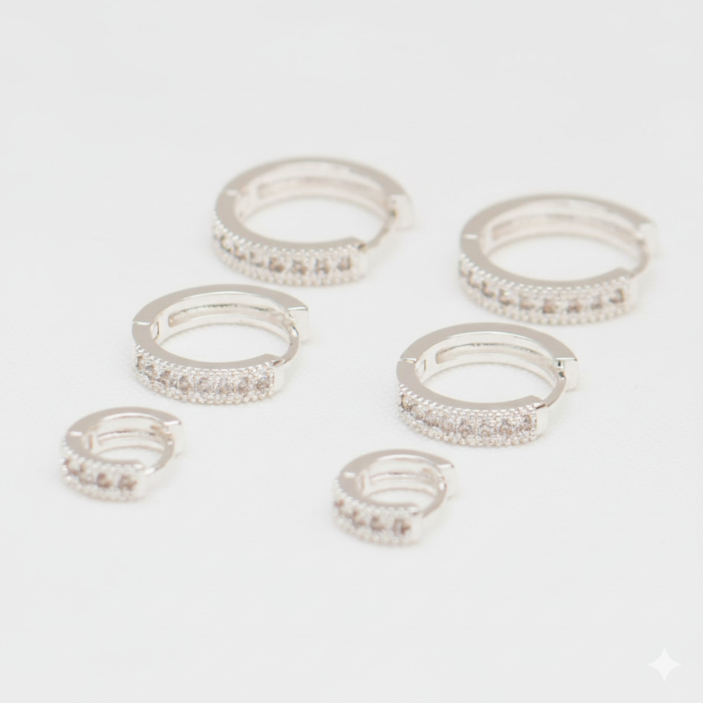 Brinco Argola Trio Kit de Cravejadas Prata 925 Três Tamanhos