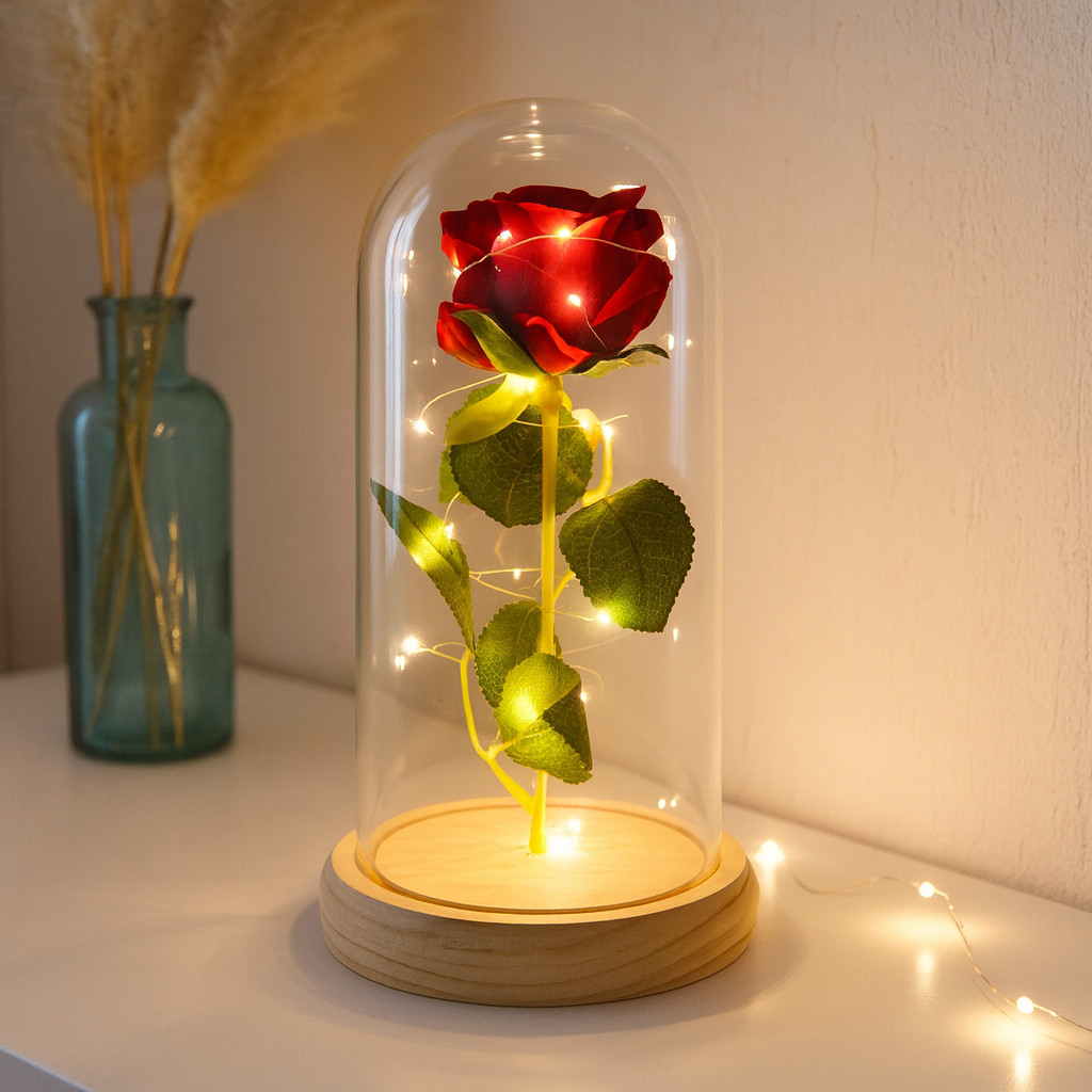 Rosa Encantada Luz LED Cúpula Transparente Flor Eterna Decorativa e Presente Romântico Perfeito