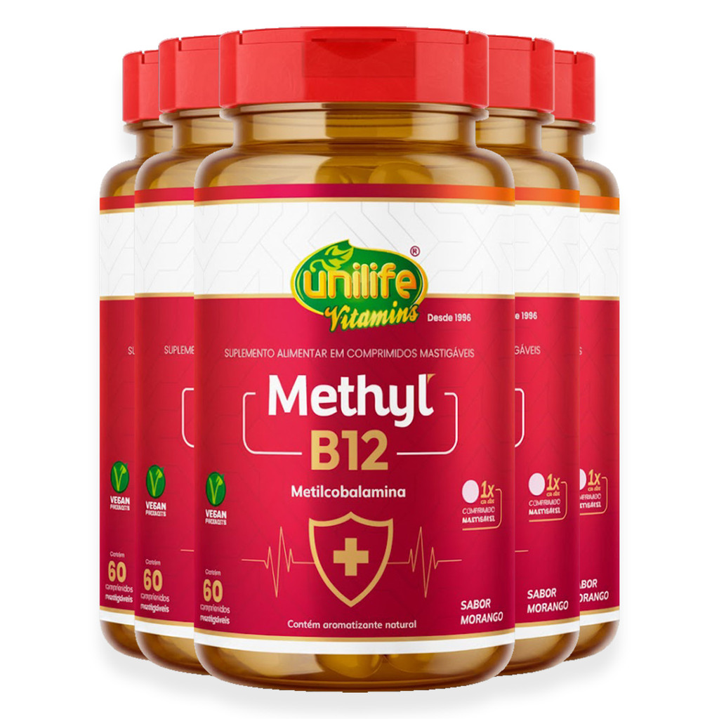 Kit 5 Vitamina Methyl B12 Unilife Morango 60 comprimidos