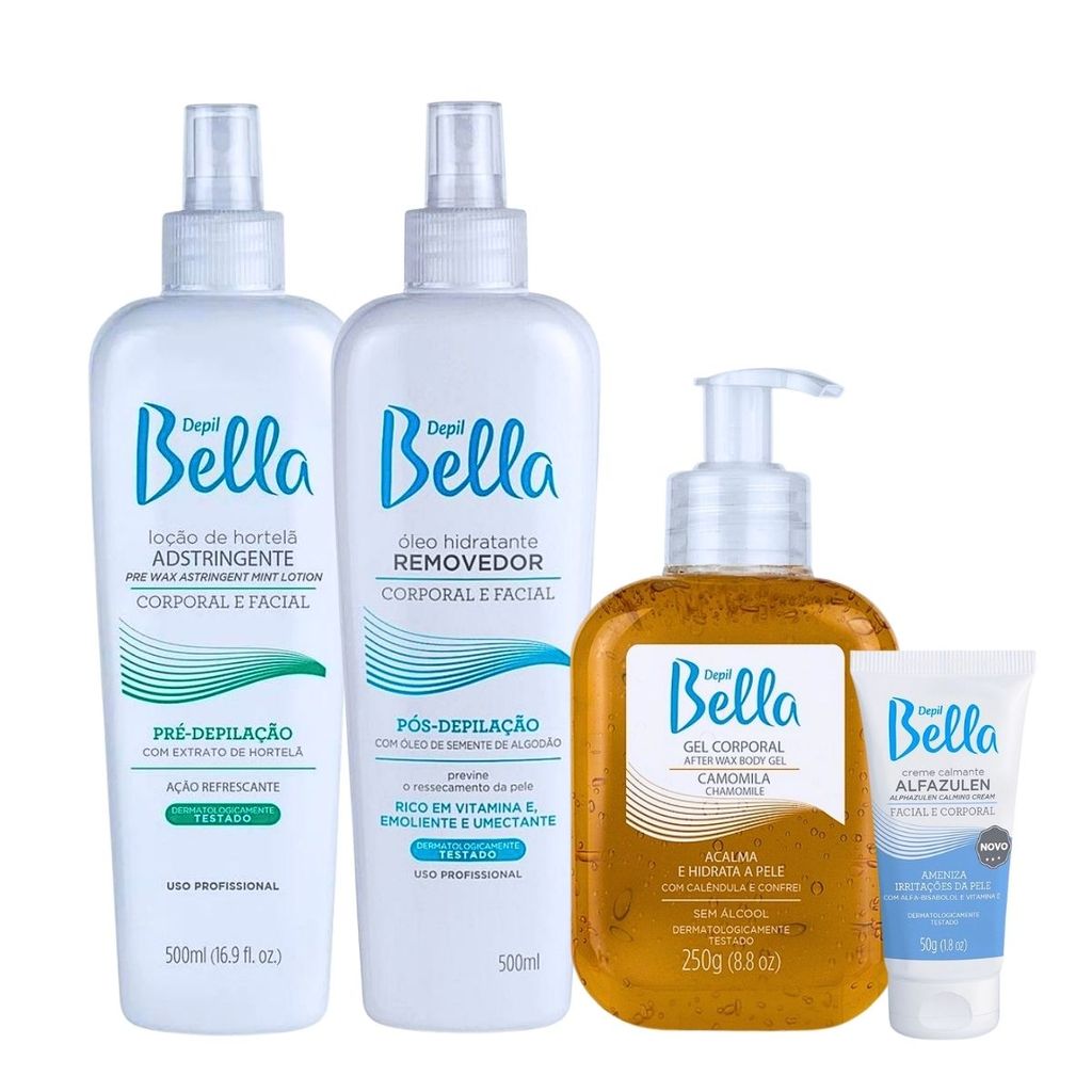 Kit Depil Bella – Adstringente 500 ml + Removedor 500 ml + Gel Camomila 250 g + Alfazulen 50 g