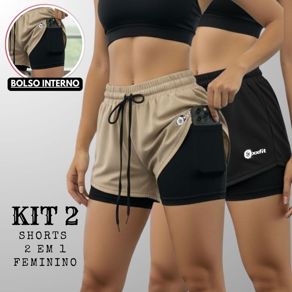 Kit 2 Shorts 2 Em 1 Feminino Dry Fit Esportivo Bolso Interno Bermuda Academia