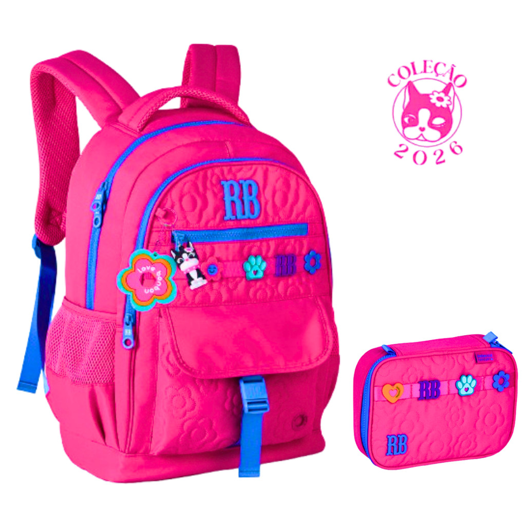 Kit Mochila de Costas Com Estojo Rebecca Bonbon Flower-Clio Style Cor:Rosa