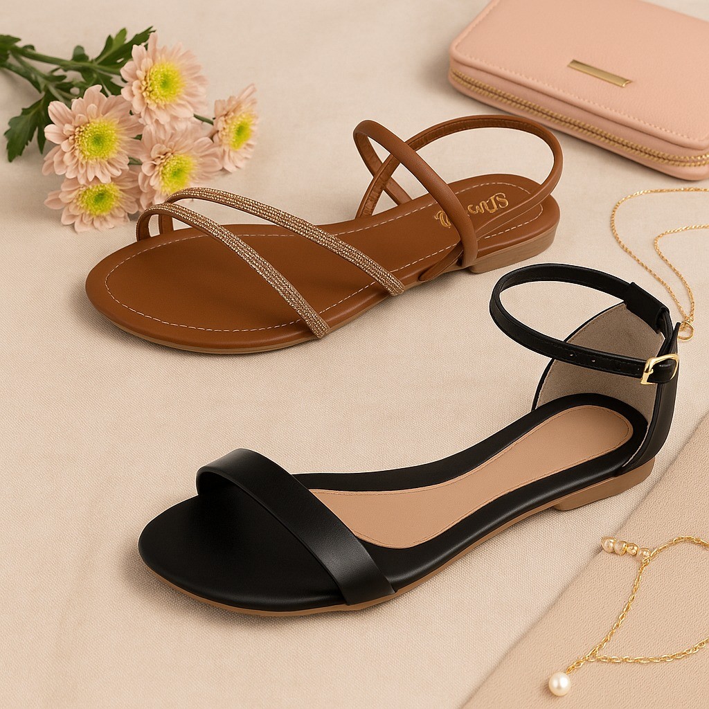 Kit 2 Pares Sandalia Feminina Rasteira Modelo Tiras Strass Ajustavel e Sandalia Pulseira Fivela Traseiro Fechado Verão