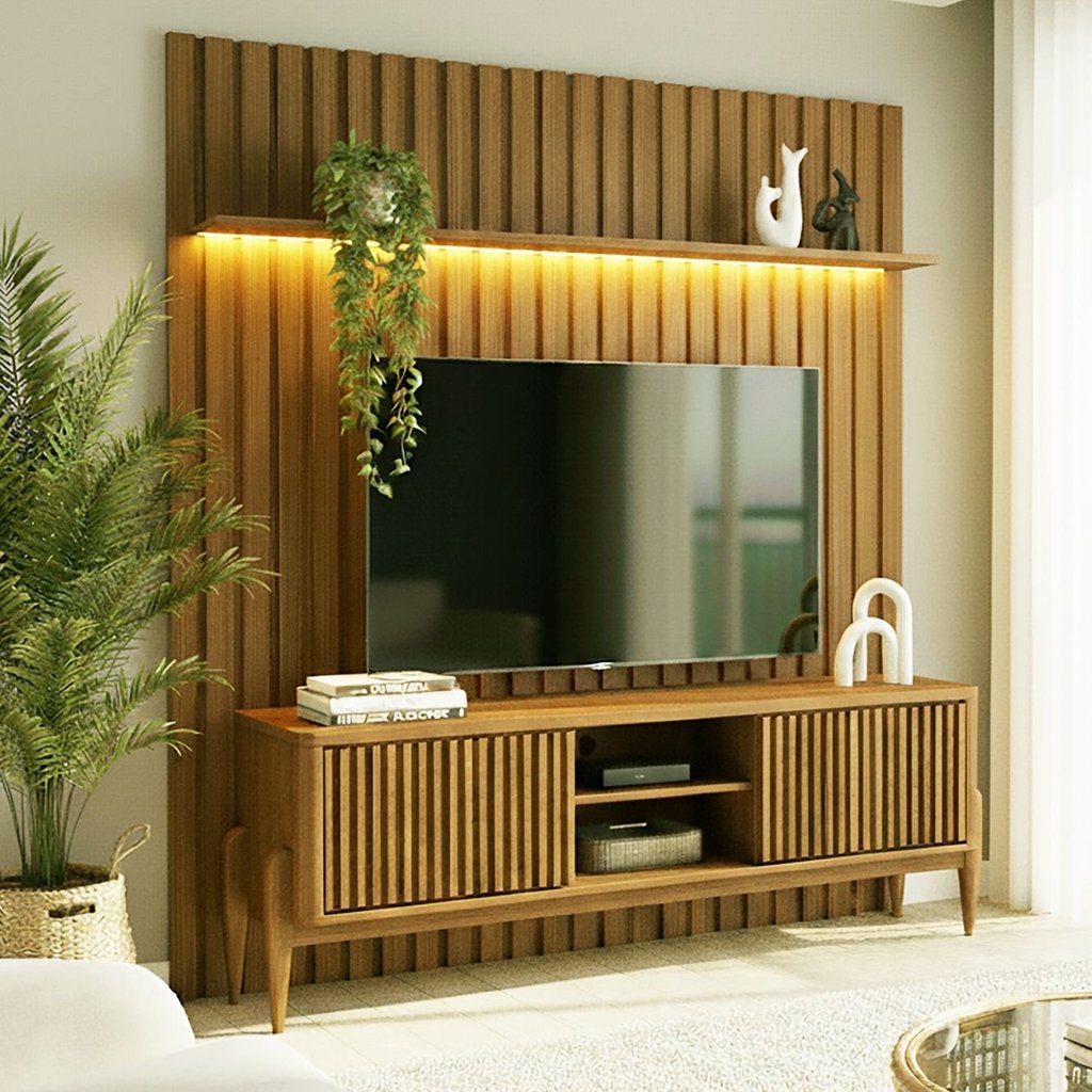 Painel Ripado London Tvs Até 70” Rack Ripado Sereno 1600 Portas Deslizantes LED res_atr_Cedro/Freijo