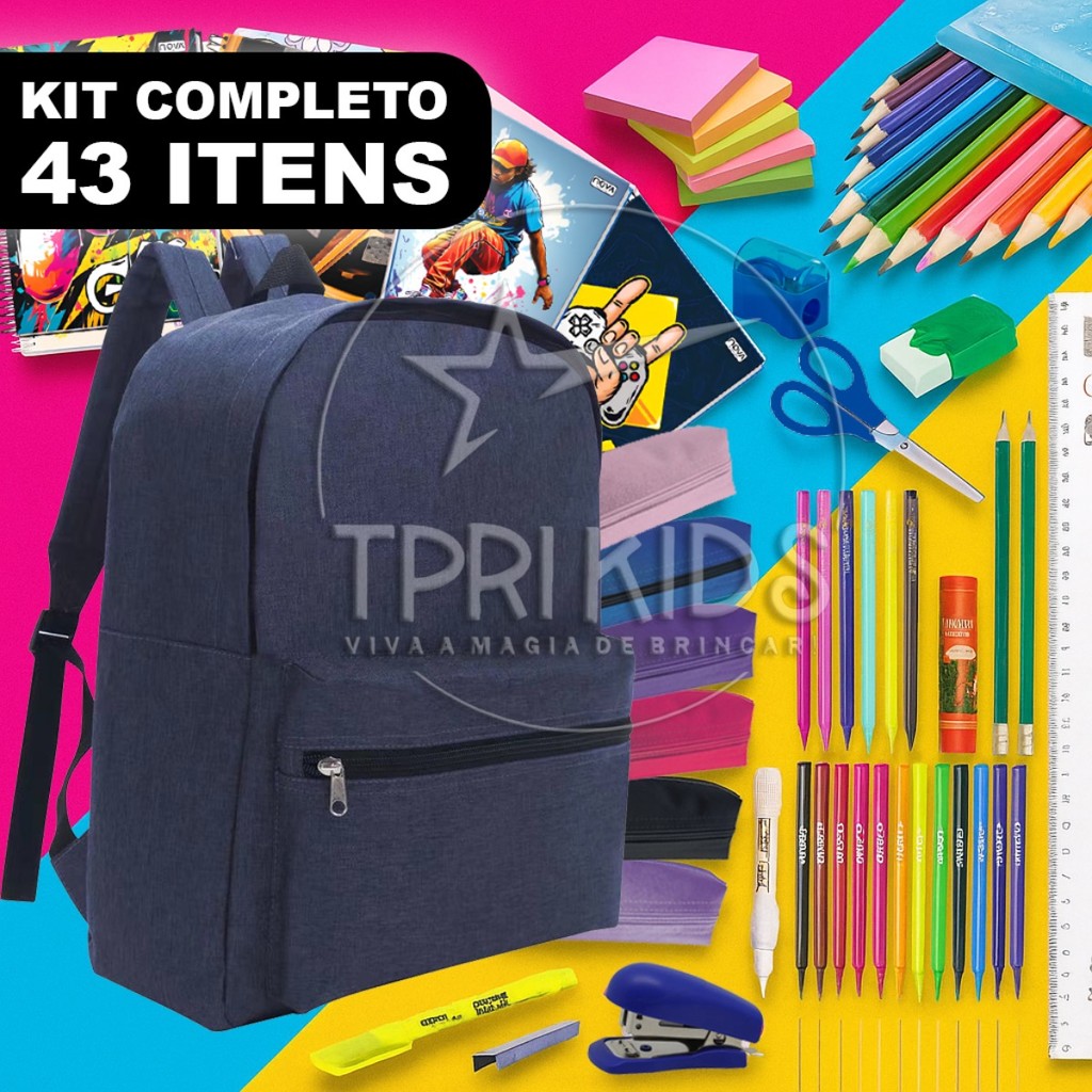 KIT MATERIAL ESCOLAR COMPLETO MOCHILA MENINO ENSINO FUNDAMENTAL MÉDIO FACULDADE ESCOLA ESTOJO CADERNO MASCULINO AZUL