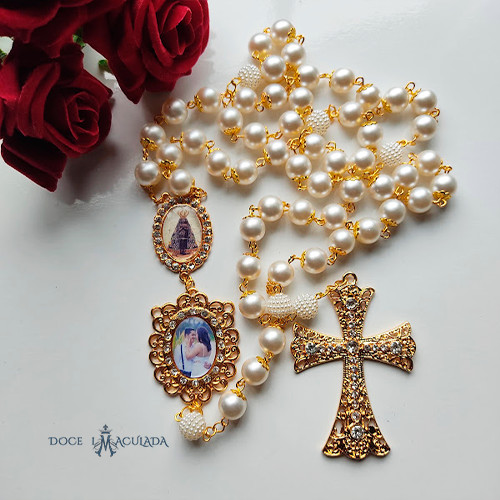 Terço de Noiva Dourado Pérola 10mm Personalizado com Foto