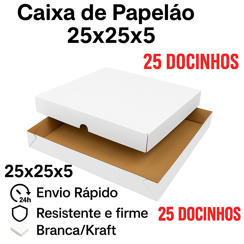 05 Caixa 25X25X5 - Salgados e Doces – Tampa e Fundo – Papelão Branco e Kraft – Envio Imediato
