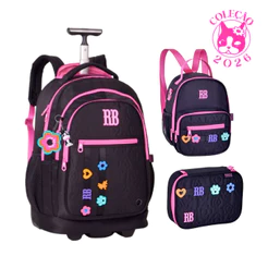 Kit Mochila de Rodinhas Com lancheira e Estojo Rebecca Bonbon Flower Power - Clio Style