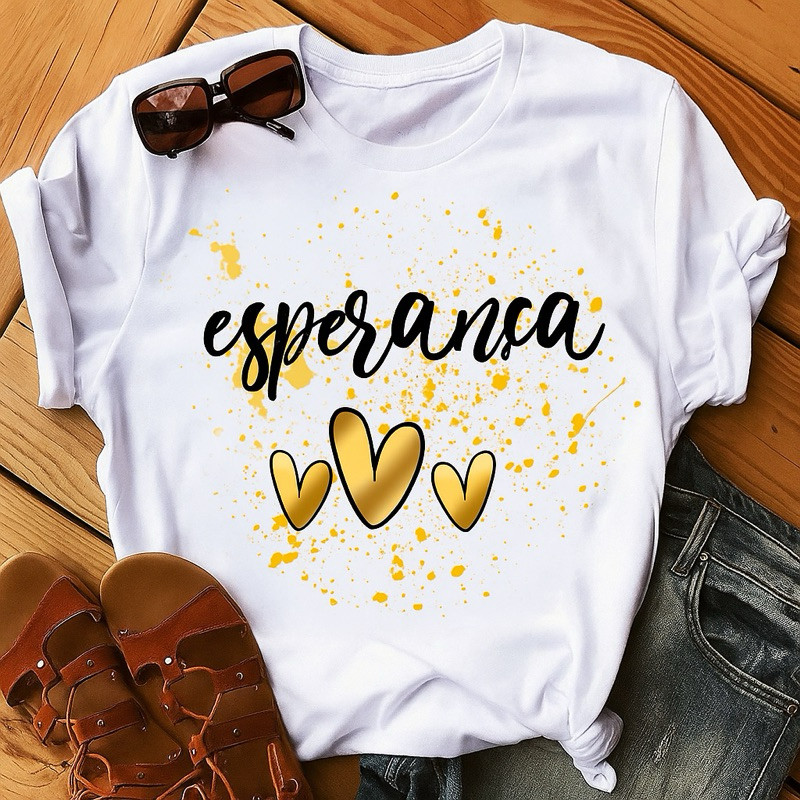 Camiseta Feminina Esperança Estampa Coração Dourado Moda Casual Positiva, Confortável e Estilosa