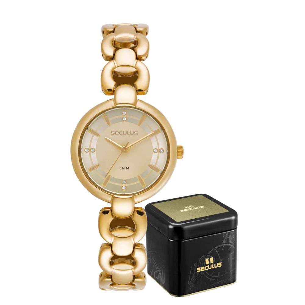 Relógio Seculus Dourado com Pulseira Elos Analógico Moderno