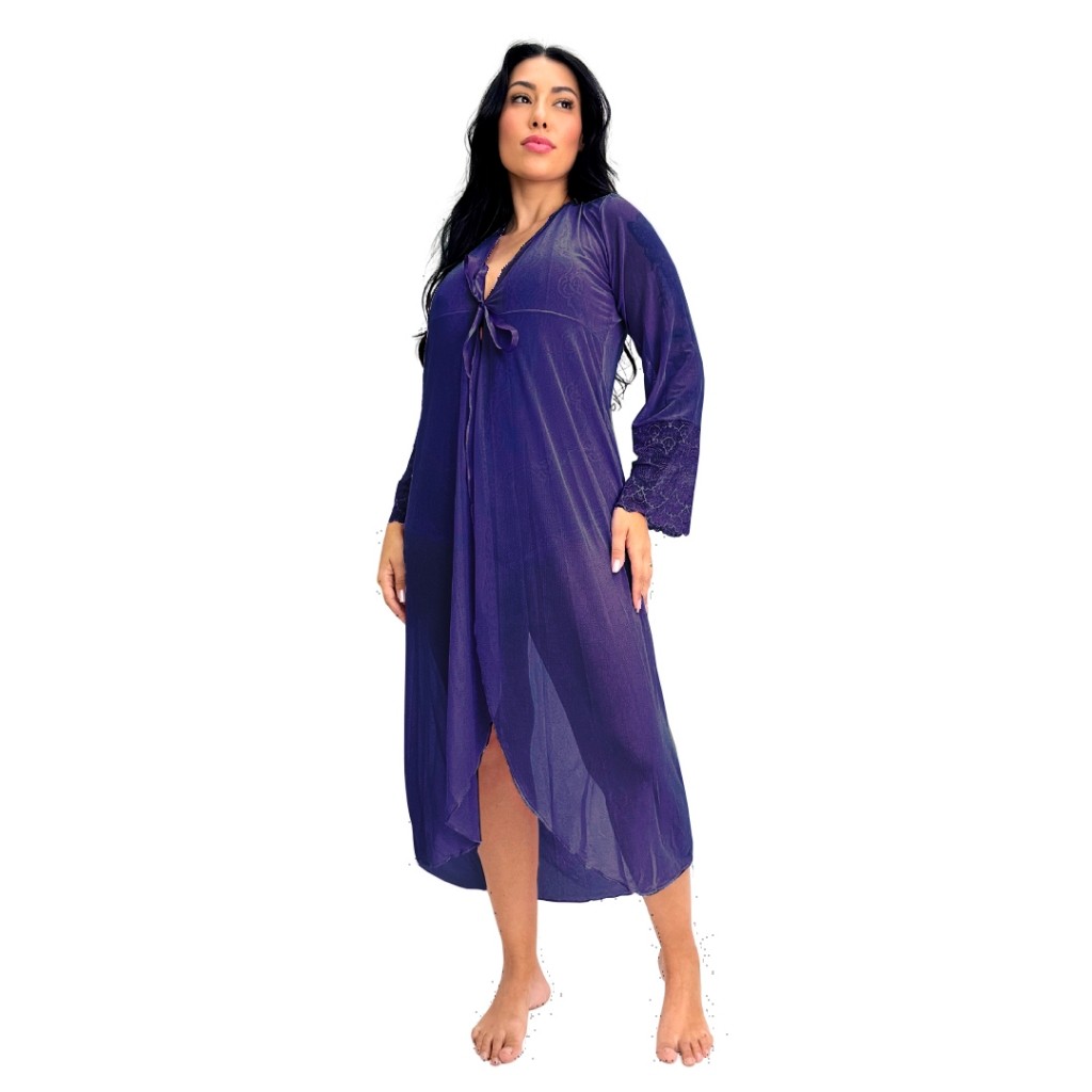 Robe Roupão Longo Sexy Tule Transparente Lingerie Feminina Sensual Com Renda e Amarração Elegante