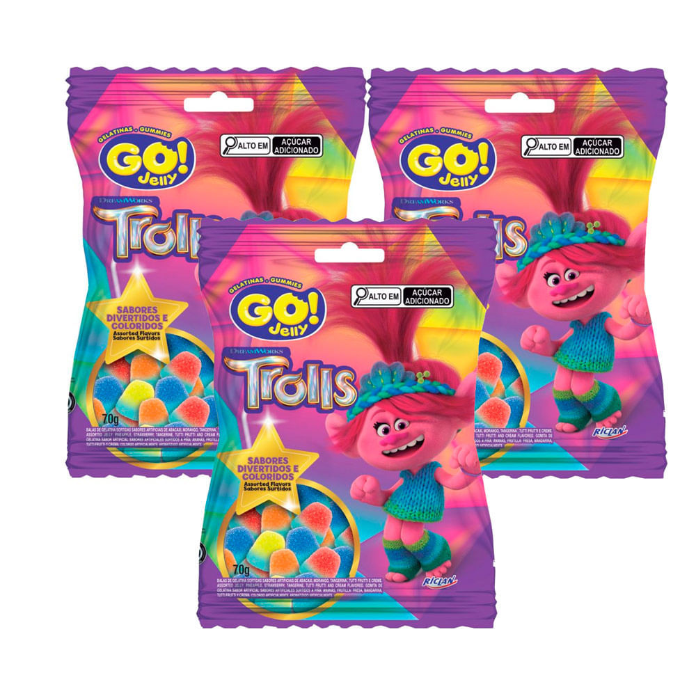 Kit 3 Bala de Gelatina Go! Jelly Trolls Sabores Divertidos e Coloridos 70g em Oferta na Shopee