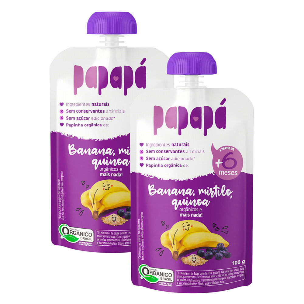 Kit 2 Papinha Papapá Orgânica Banana, Mirtilo, Quinoa 100g em Oferta na Shopee