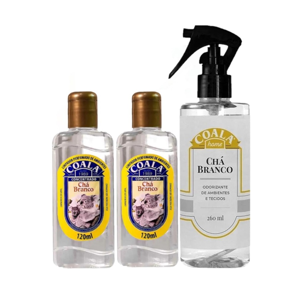 KIT ODORIZADOR DE AMBIENTE 260ML + 2 LIMPADOR COALA CHÁ BRANCO 120ML em Oferta na Shopee