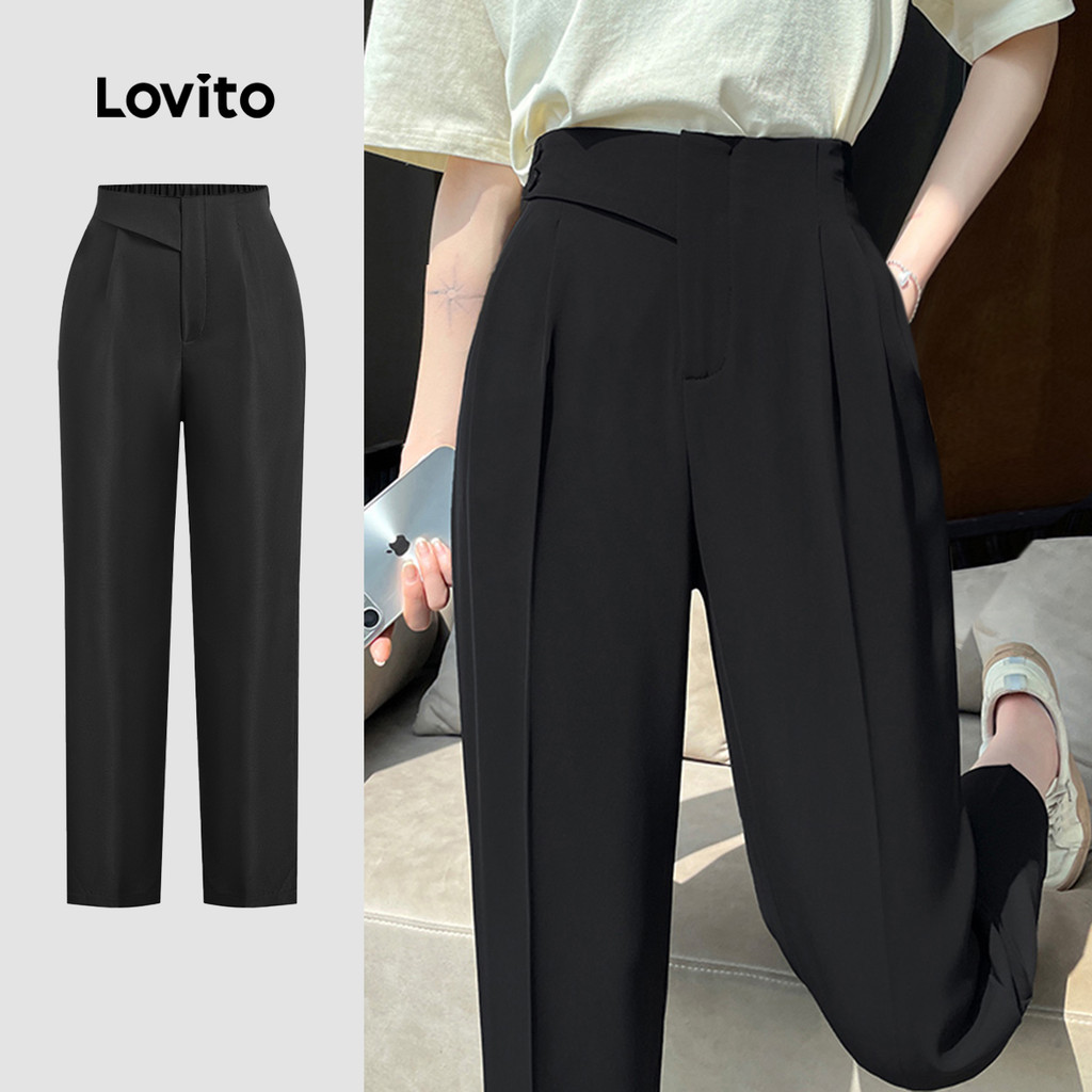 Lovito Calças Casuais com Botões para Primavera/verão  Calças Pretas para mulheres L143AD1610 em Oferta na Shopee