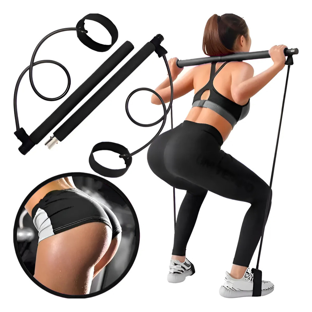 Barra de Pilates Yoga Portátil Com Elásticos Extensor Exercício Academia Treino Musculação Rosa/Preto