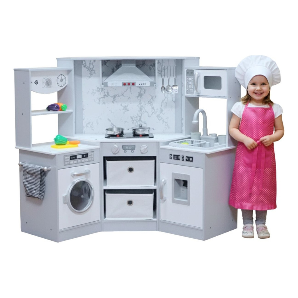 Cozinha Infantil MDF Branca Completa com Geladeira, Máquina de Lavar, Coifa, Fogão e Pia – Brinquedo Realista Mini Chef