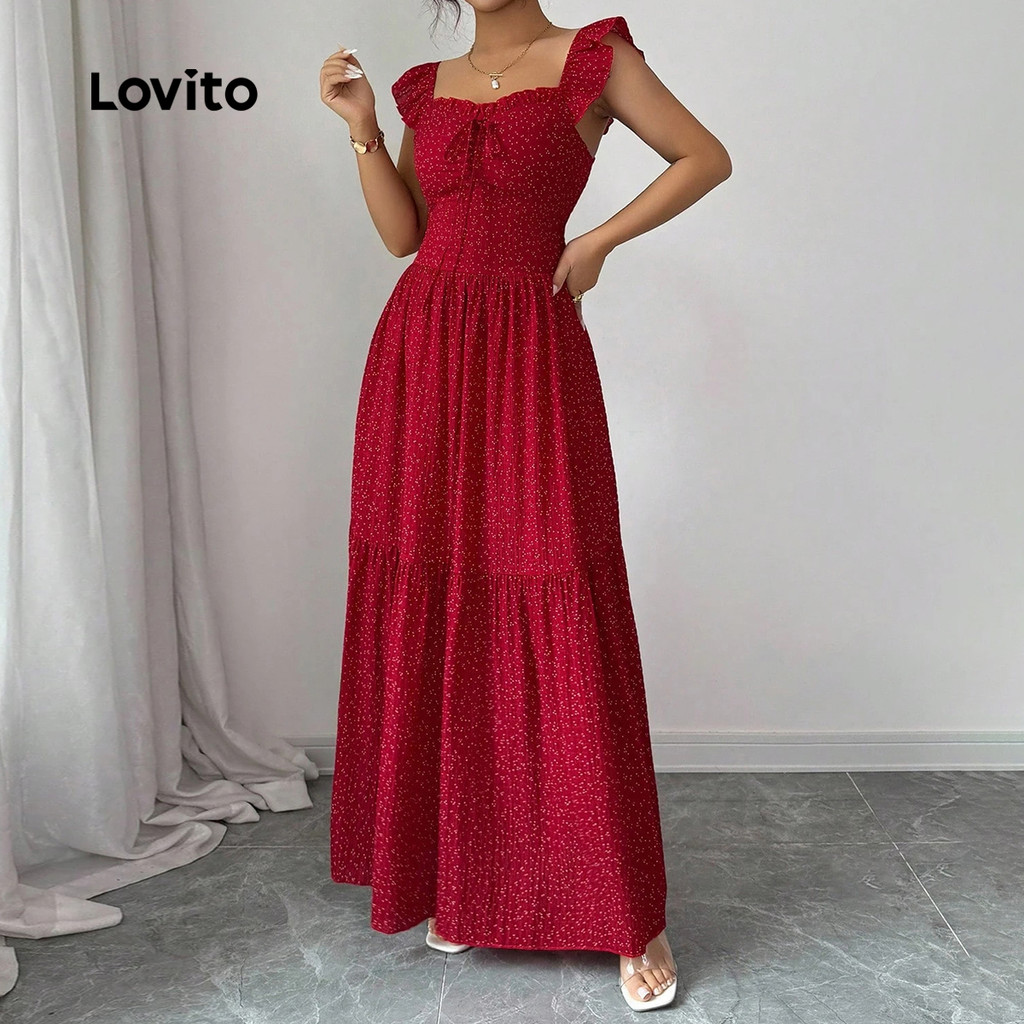Detalhes do Lovito Vestido Casual Vermelho Com Cadarço Para Festa De Natal Primavera/verão Na Cor Vinho Mulheres L167LD036