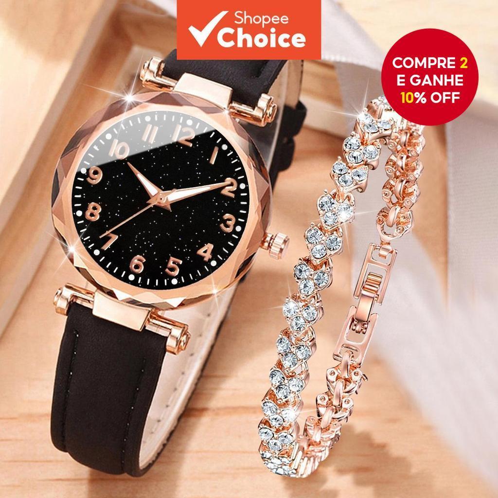 Relógio De Quartzo Feminino Elegante-Pulseira De Couro Com Marcações De Escala E Coração Cravejado De Diamantes