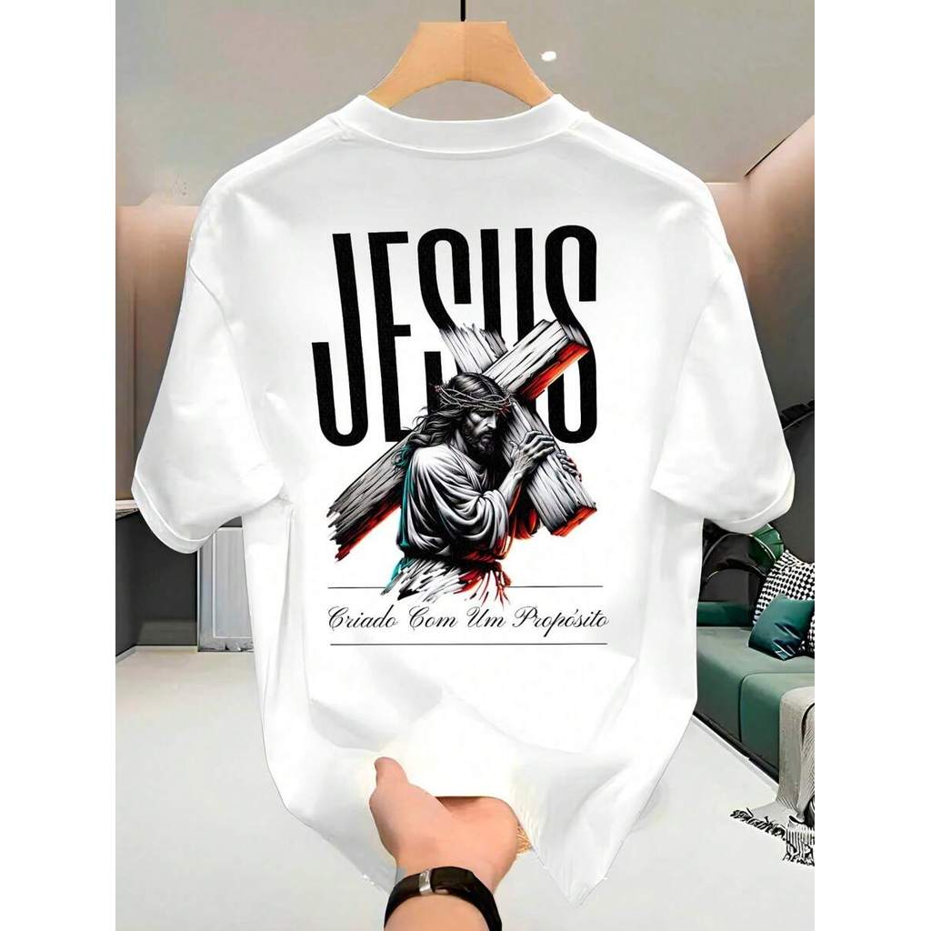 Camiseta Masculina Estilo Jesus com Estampa Religiosa De Algodão, Gola Redonda, Manga Curta, Top Casual para Verão