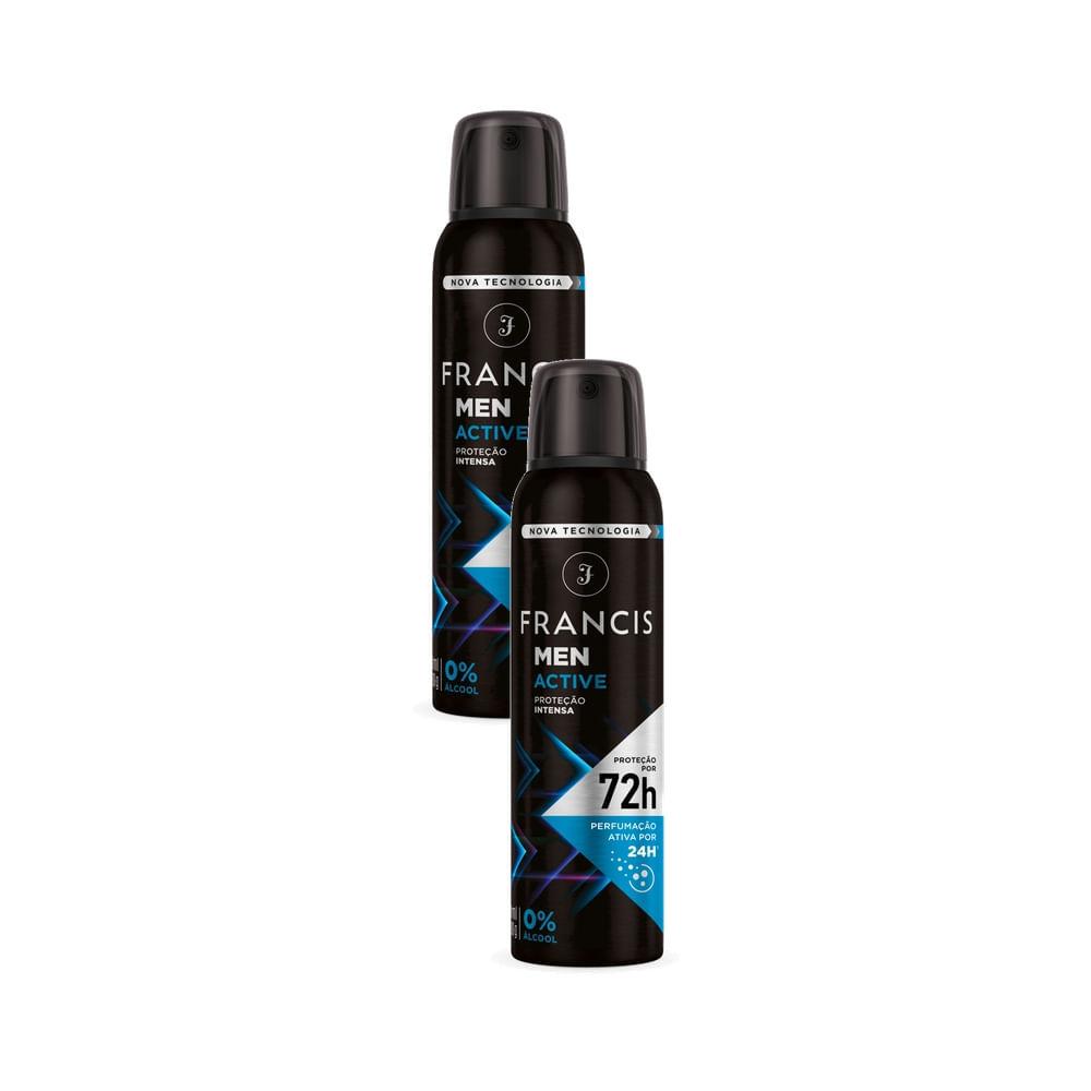 Kit 2 Desodorante Francis Men Active Proteção Intensa Aerosol Antitranspirante 72h 150ml
