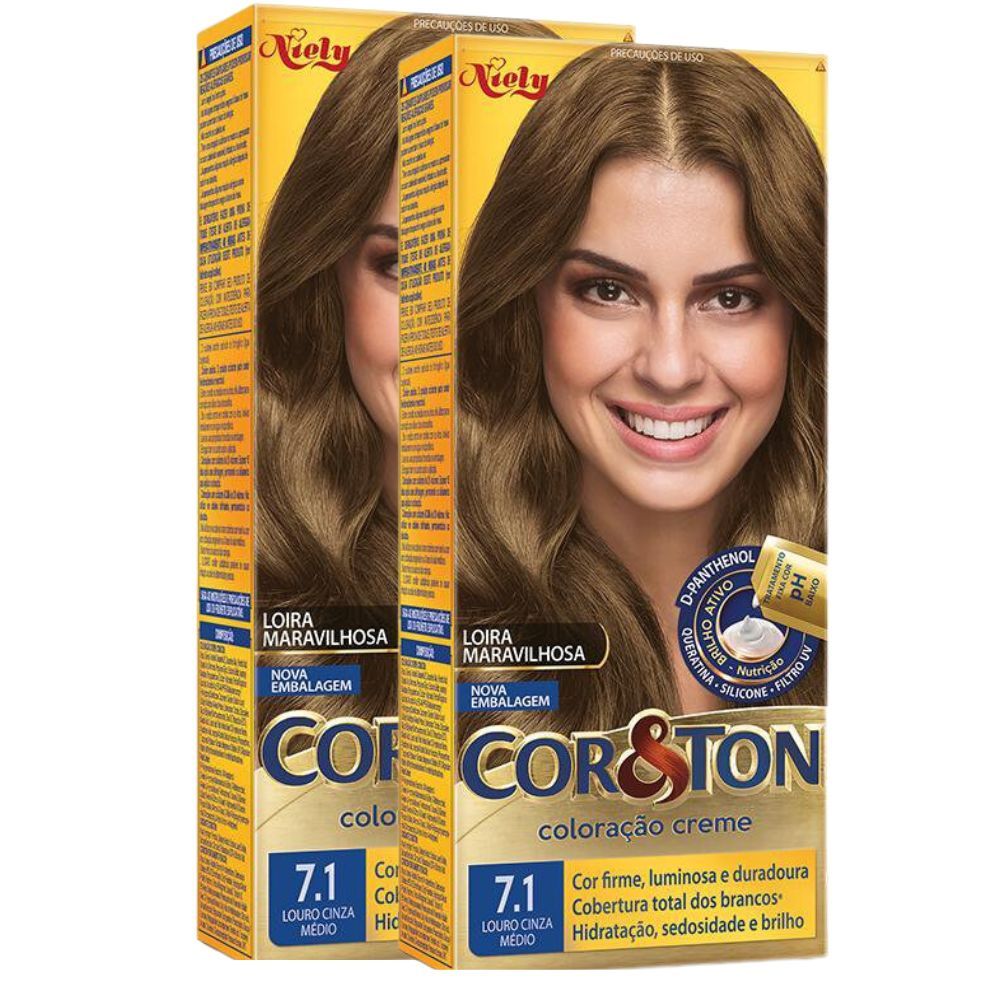 Kit 2 Coloração Niely Cor&Ton Louro Médio Cinza 7.1 em Oferta na Shopee