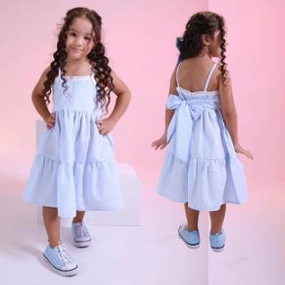 Vestido Infantil Verão Alças Finas e Saia Rodada com Laço Atras Look Menina Estilo Princesa