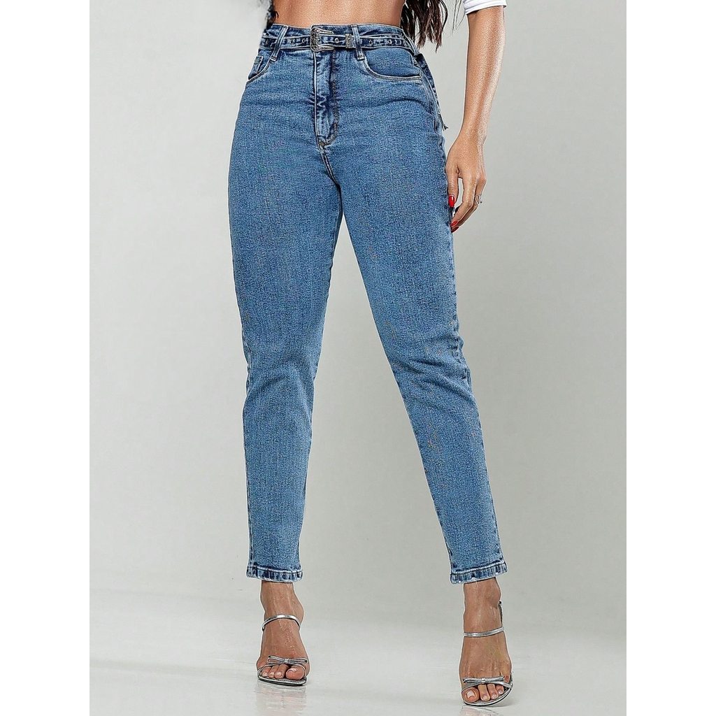 Detalhes do Calça Mom Jeans Lycra Cós Alto Com Cinto de Metal
