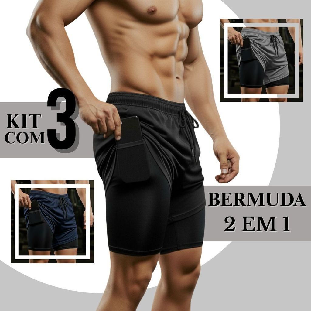 KIT 3 Shorts Masculino Bermuda Dry Fit 2 Em 1 Com Compressão Bolso Interno Academia
