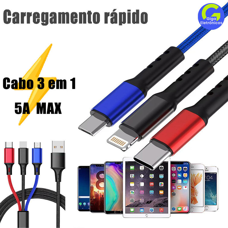 Cabo 3 em 1: Um Cabo para iPhone, Android e Todos os Dispositivos! Carregamento Rápido de Alta Velocidade！
