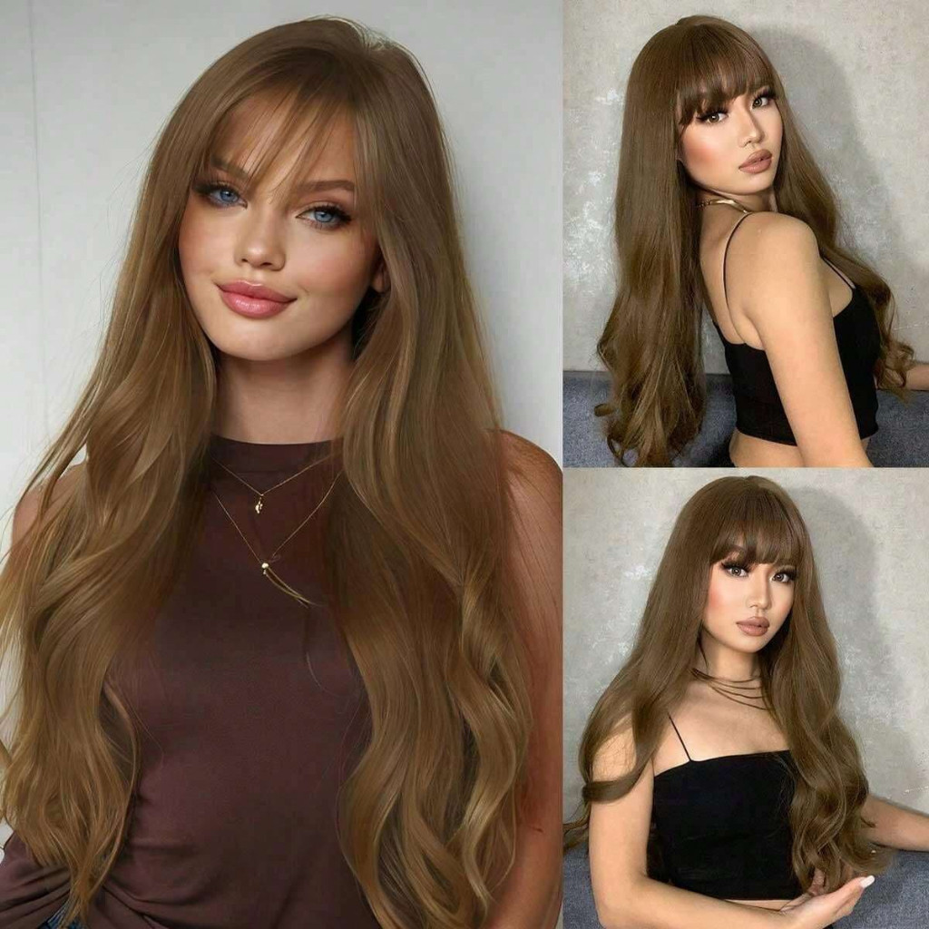 Peruca Lace Wig Longa Ondulado Com Franja Bio Fibra 60cm 250g Top Hair RALE-27# em Oferta na Shopee