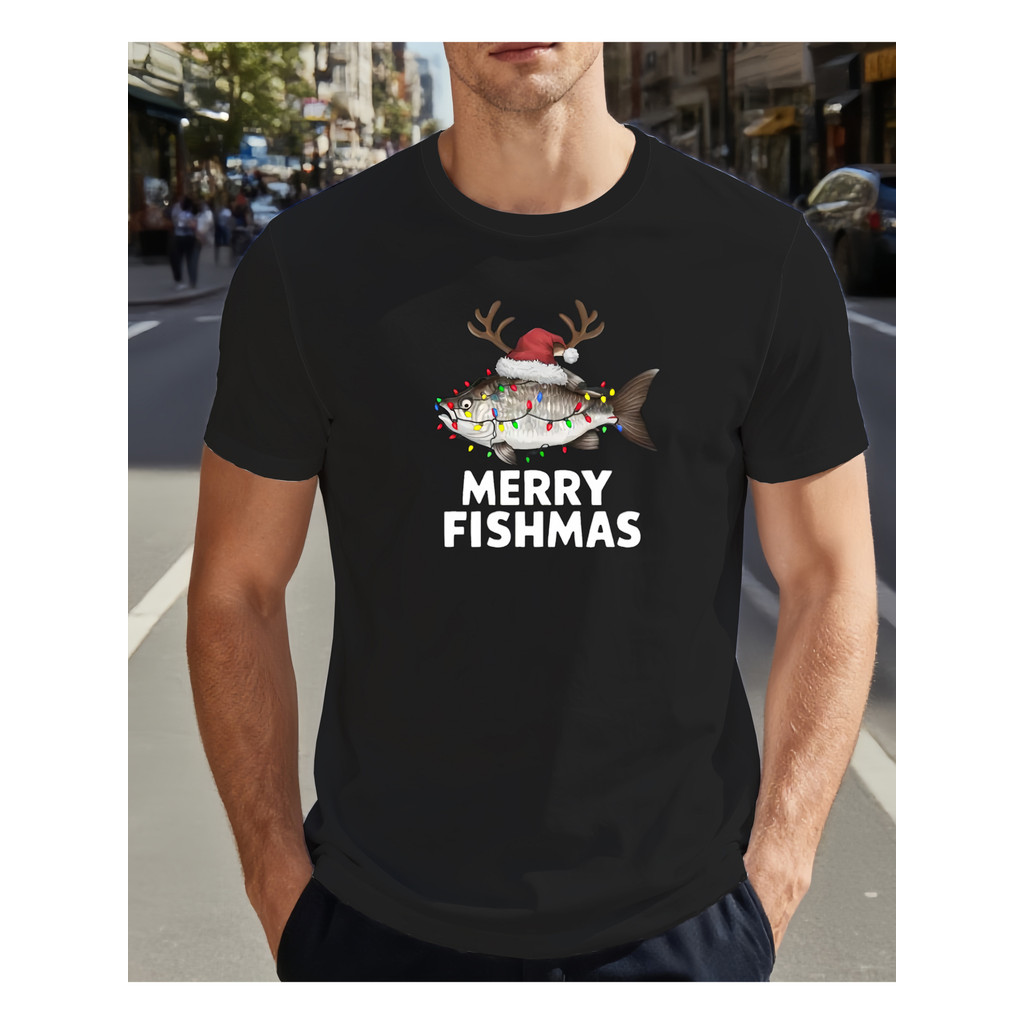 Bonito Camiseta Masculina De Algodão Com Um Peixe Usando Um Gorro De Papai Noel E Uma Divertida Estampa "MERRY FISHMAS"